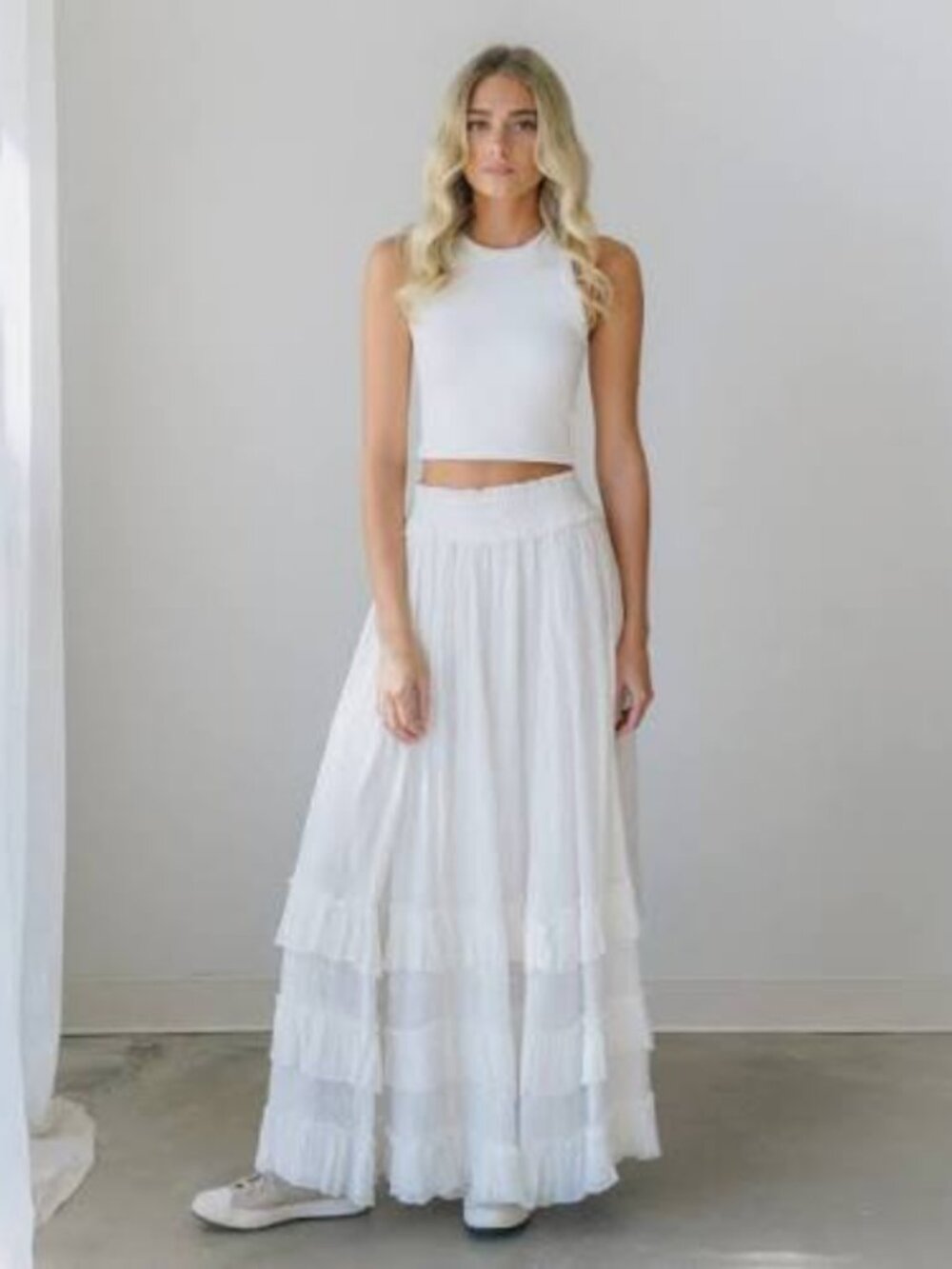 Free People FP One Brynn Maxi Skirt Smocked Tiered Ruffle Mid Rise XS